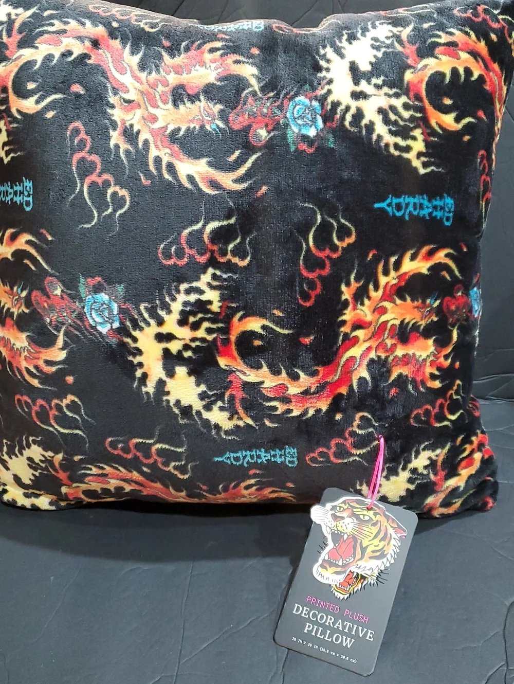 Ed Hardy black velvet plush fiery dragon blue rose print throw decor pillow new